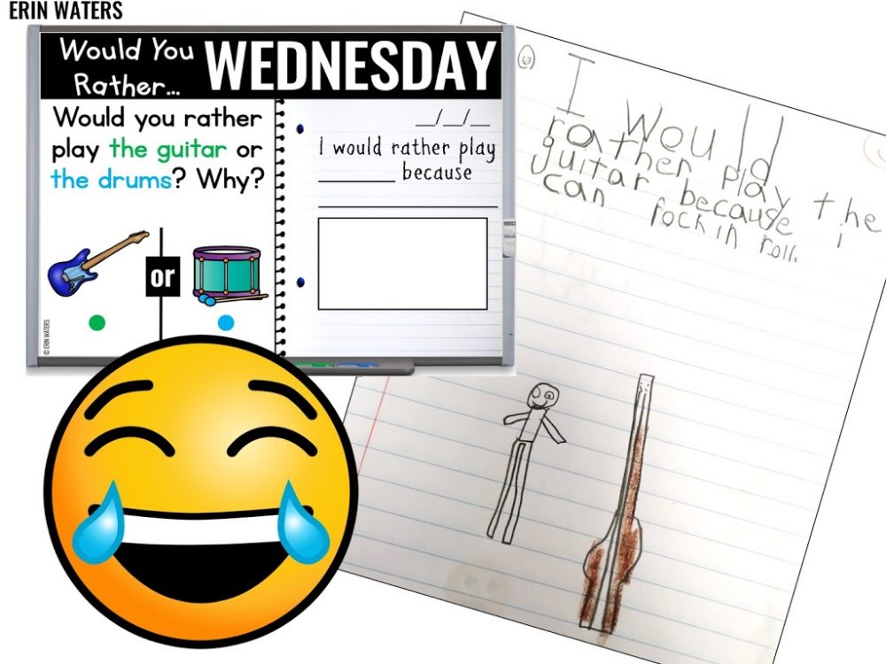 paperless morning journal prompt on whiteboard screen and student response in notebook