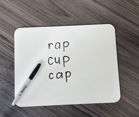 whiteboard with the words rap, cup, and cap
