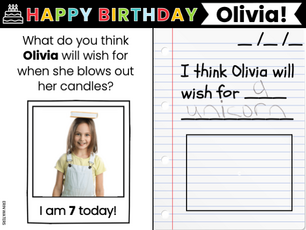 whiteboard journal prompt that reads, "What do you think Olivia will wish for when she blows out her candles?"