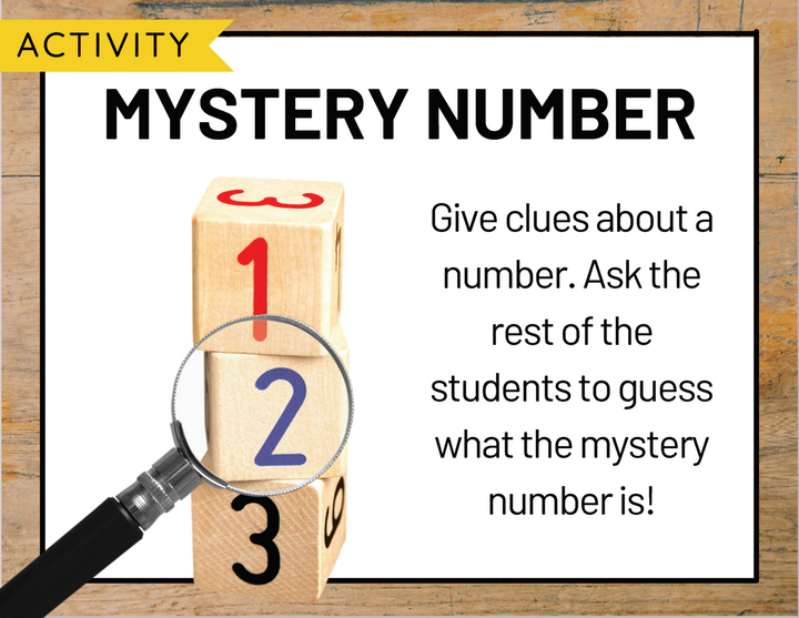 A whiteboard showing directions for a morning meeting activity called Mystery Number