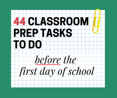 graph paper with the text "44 classroom prep tasks to do"; this is a cover image for a back to school list for teachers before the first day of school
