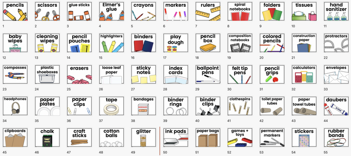 a collection of thumbnail images depicting school supplies