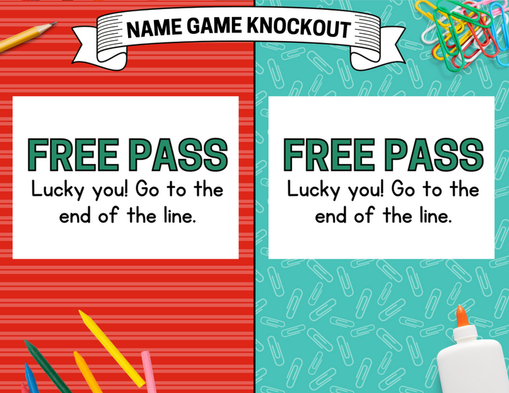 a split screen with each side reading "free pass: lucky you! Go to the end of the line."
