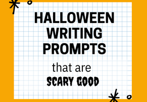 Halloween writing prompts cover image - in black font on white graph paper against an orange background.