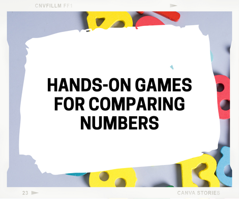 a cover image for a blog post that says "Hands-on games for comparing numbers" against a gray background with colorful wooden numbers