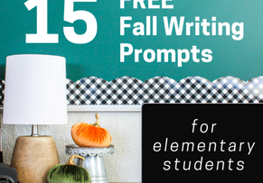 cover image that reads "15 free fall writing prompts for elementary students" against a green chalkboard with fall accents - lamp, pumpkin, computer