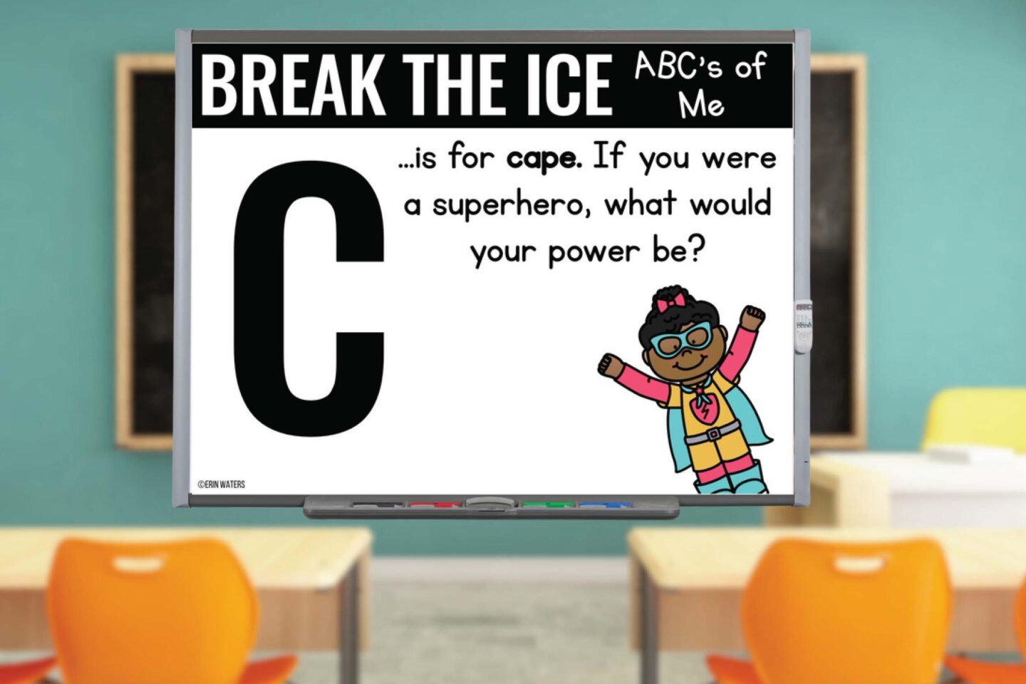 teacher toolkit slide example showing an icebreaker called ABC's of Me in which they answer the question on the slide (based off a letter of the alphabet)