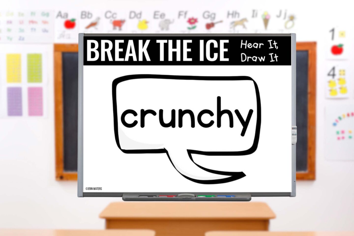 teacher toolkit slide example showing an icebreaker called "Hear It, Draw It" in which students draw a vocabulary word they hear on dry-erase boards.