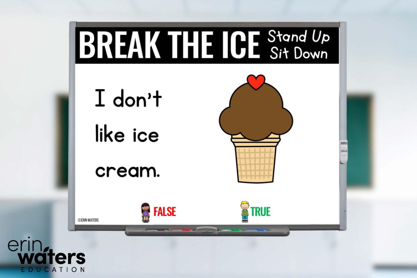 teacher toolkit slide example showing an icebreaker called "Stand Up, Sit Down" in which students sit down if they disagree and stand up if they agree.