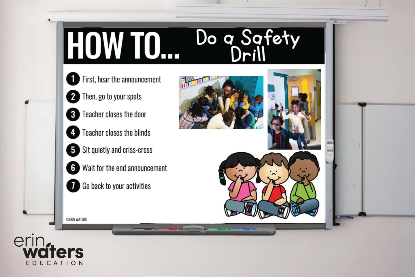 teacher toolkit slide example showing how to to do a classroom procedure (in this case, a safety drill). This slide is editable and teachers and students can make it their own.