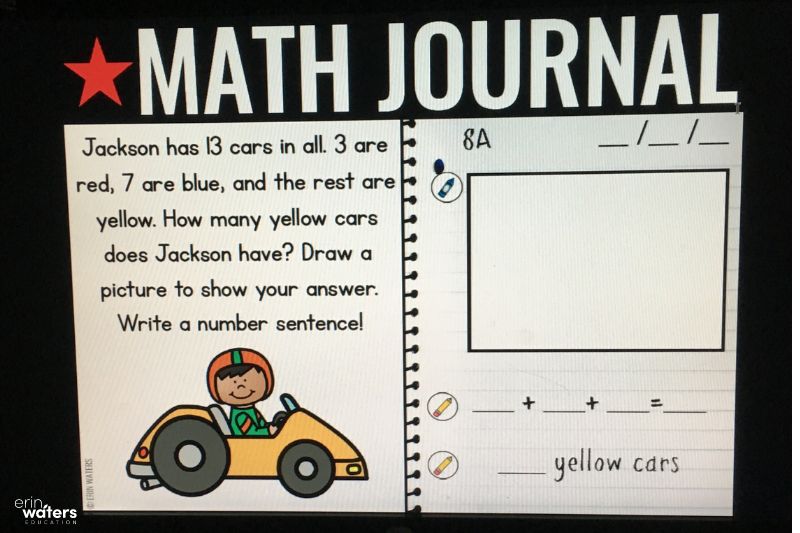 math ideas #1 - use math journals (image shows a journal prompt displayed on the interactive whiteboard; it shows a word problem about Jackson having 13 cars in all - 3 are red, 7 are blue, and the rest are yellow. How many yellow cars does Jackson have?)