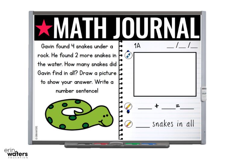 math ideas #1 - use math journals (image shows a journal prompt displayed on the interactive whiteboard; it shows a word problem about Gavin finding 4 snakes under a rock and 2 more in the water - how many did he find in all?)