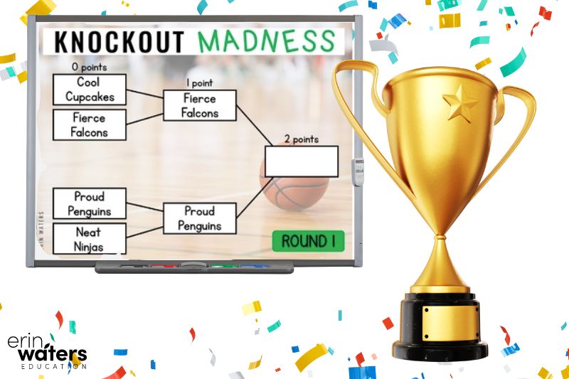 math ideas #4 - class vs. class competitions (image shows a scoreboard and brackets along with a trophy for Knockout Madness, a play on March Madness)