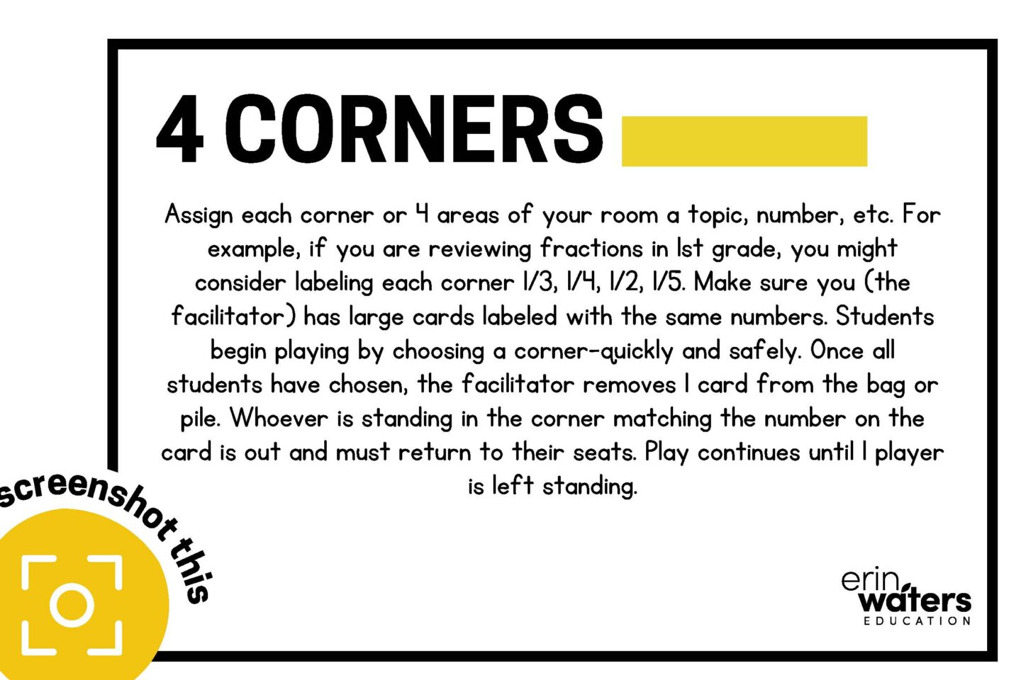 classroom math games for 6th graders example #1 - 4 Corners. A slide showing the rules and a prompt to "screenshot this" in the left lower corner.