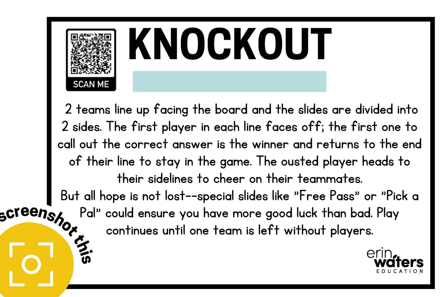 classroom math games for 6th graders example #3 - Knockout. A slide showing the rules and a prompt to "screenshot this" in the left lower corner.