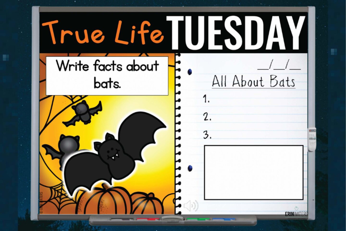 A photo showing one of the Halloween classroom ideas of using writing prompts that are Halloween-themed. This one shows a bat on the left side of the screen and the prompt - "Write facts about bats."