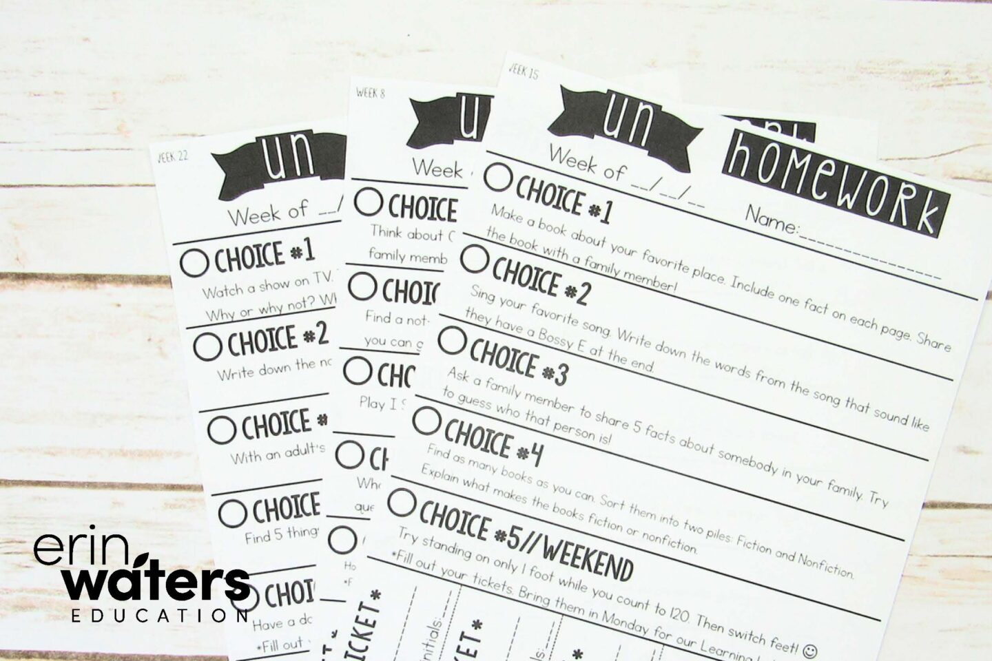 UnHomework in black and white; 5 choices and tear-off raffle tickets on the bottom of the sheet.