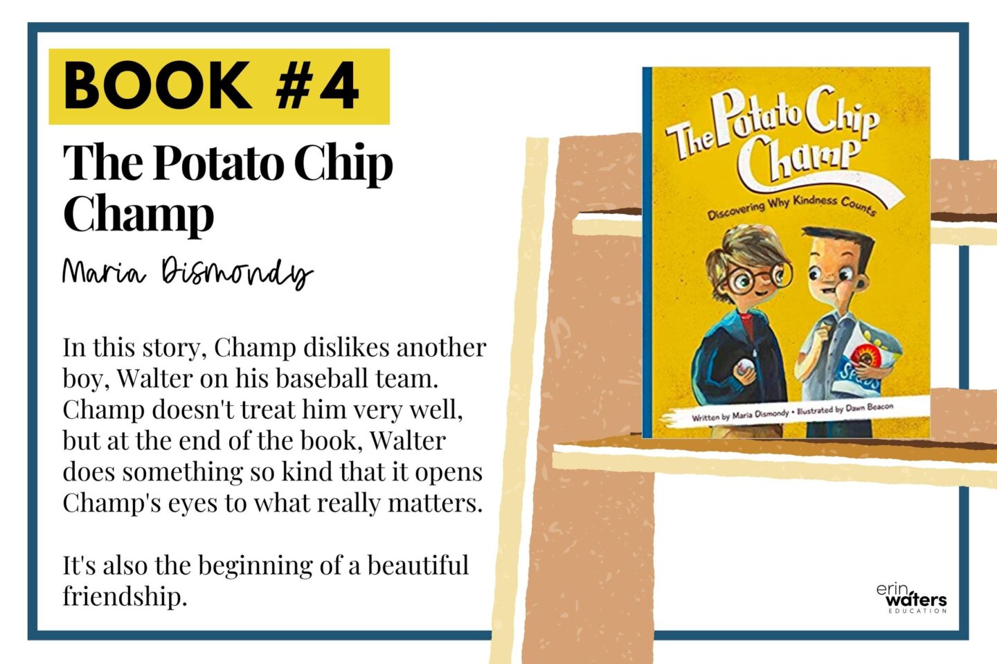Potato Chip Champ book on a bookshelf to the right while on the left is a summary of the book.