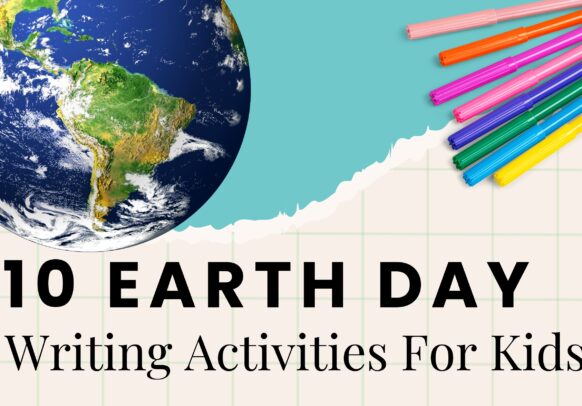 Earth Day Writing Activities text on top of graph paper with a globe and markers featured above